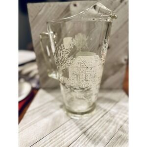 Rare Vintage Glass Engraved white grist mill&covered bridge Water Pitcher
